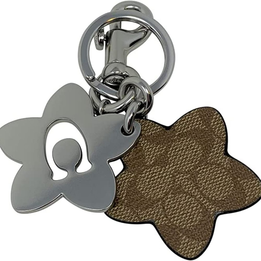 COACH Wildflower Signature C & Metal Bag Charm Key Chain Silver / khaki - Picture 4 of 4